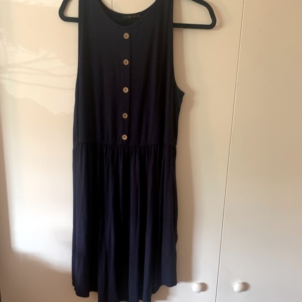 Navy Blue Drop Waist Casual Summer Dress Button Front XL